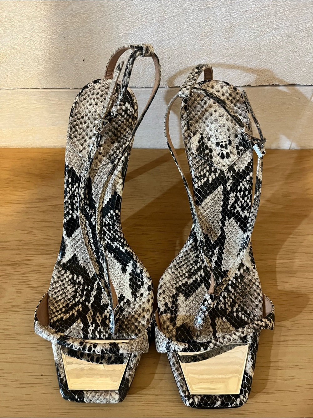 Schutz Vikki Heel Wrap Ankle Sandals Snake-Embossed Leather